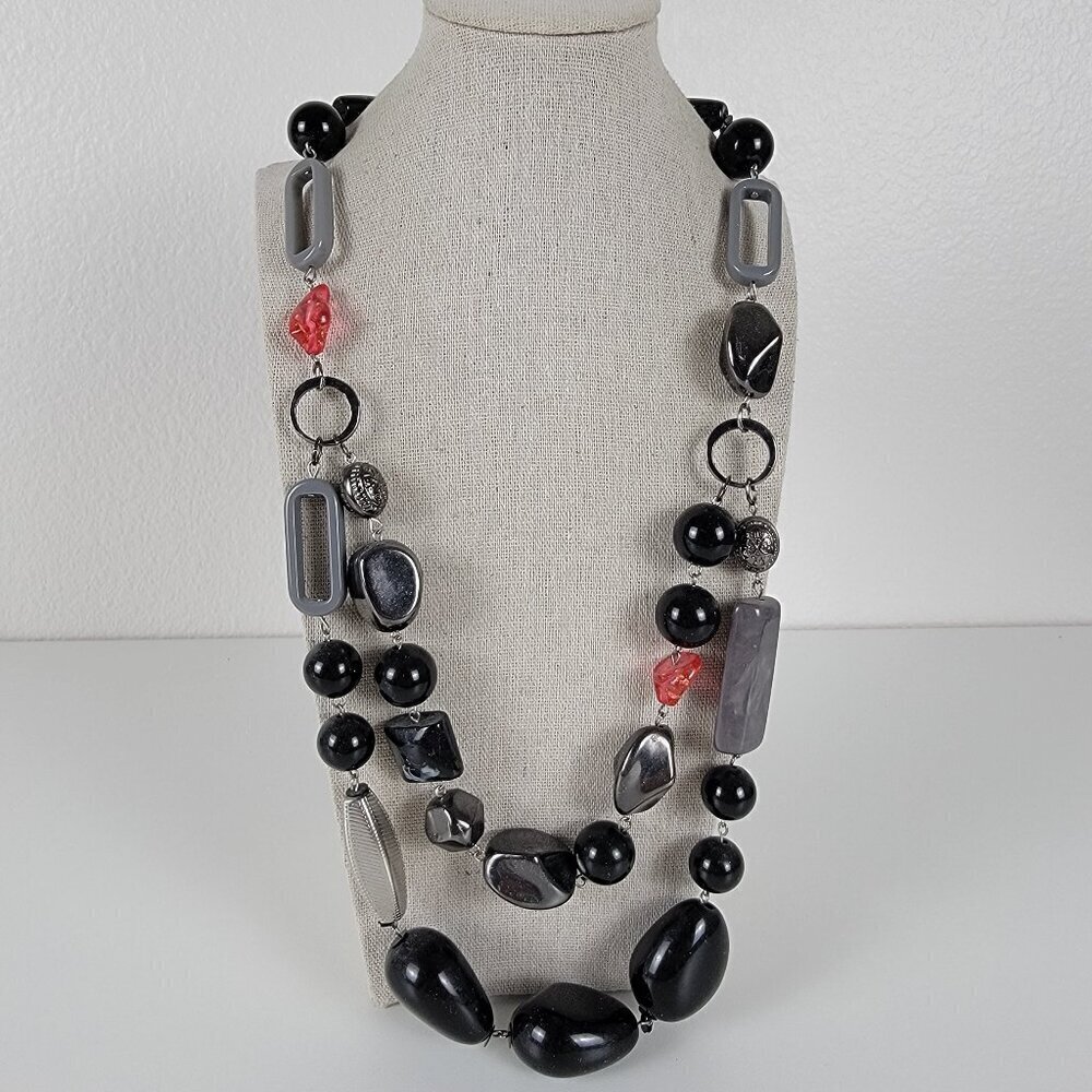 Chico's Gunmetal-Tone Chunky Black Acrylic Bead Statement Layered Necklace 39"